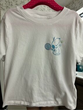 abercrombie kids White Tee with Blue Snoopy Tennis Graphic